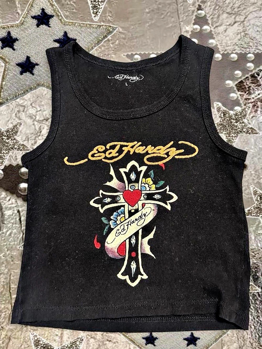 Ed Hardy Cross Heart Logo Ribbed Tank Top Black Size: XS